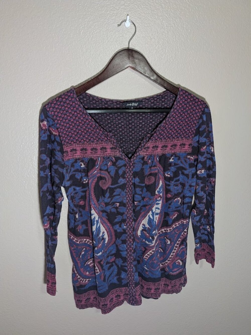 Lucky Brand Womens M Top V-Neck Blue Purple Floral Paisley Long Sleeve Boho